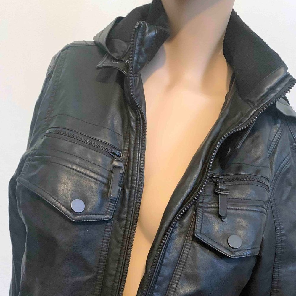 INC International Concepts Women's Black Faux Leather Hooded Jacket Size SM